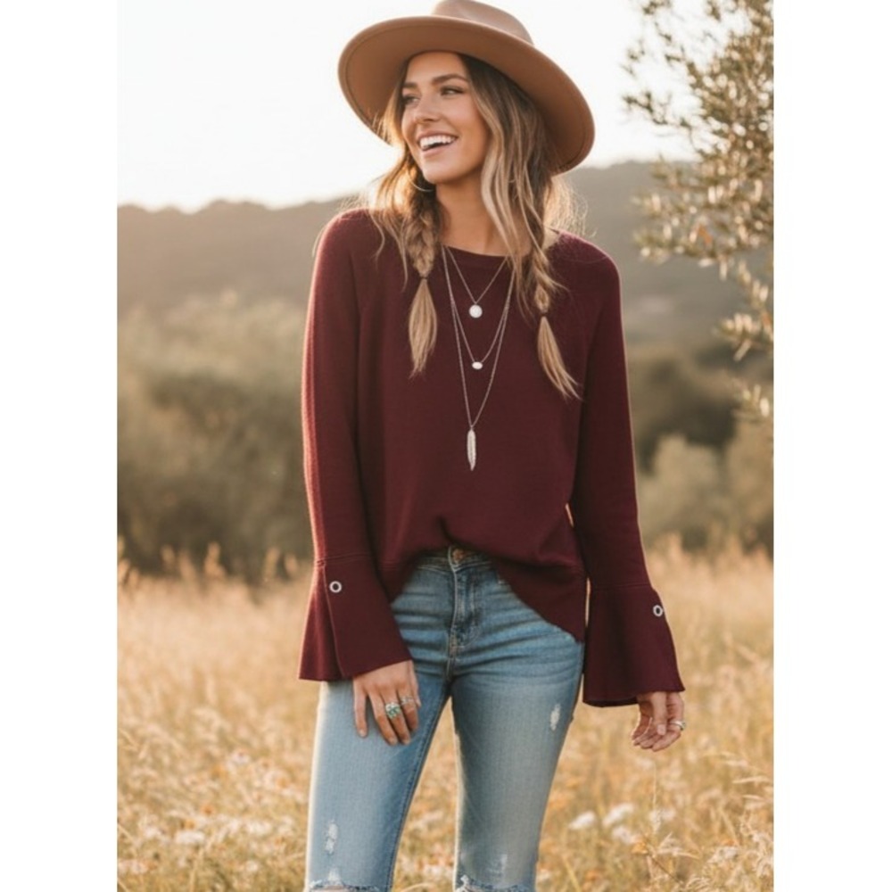 Isela M Burgundy Bell Sleeve Sweater Boho Hippie Cozy‎ Whimsigoth Cottage Chic